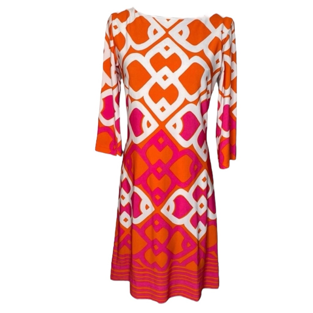 TAYLOR Geometric Fit & Flare Dress in Orange/Hot Pink/White Size 6 -- BEAUTIFUL - Picture 4 of 9